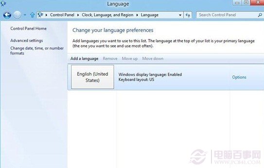 windows8“控制面板”中語言首選設置項