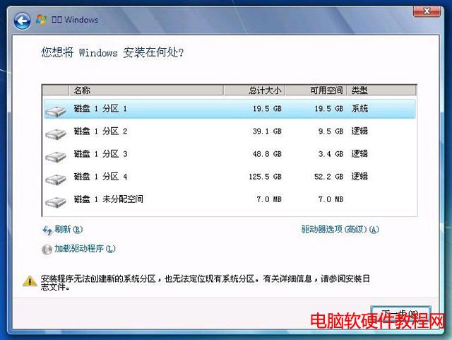 安裝win7無法選擇第一分區