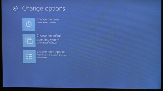 Screen with main heading: Change options; Option 1: Change the timer; option 2: Choose the default operating system; option 3: Choose other options Repair tools, boot to another device, and other options.