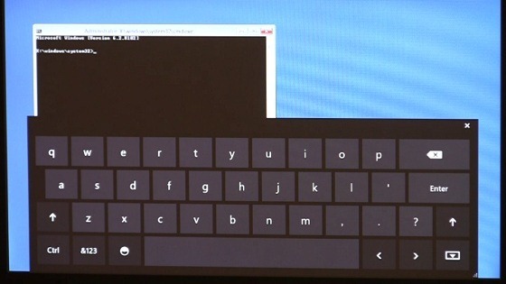 The command prompt window, shown being used with on-screen keyboard.