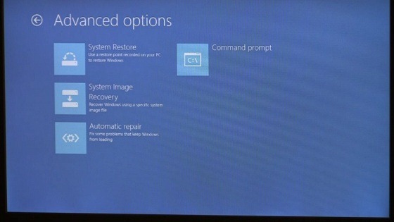 Advanced options screen. Option 1: System Restore. Option 2: System Image Recovery. Option 3 Automatic repair. Option 4: Command prompt