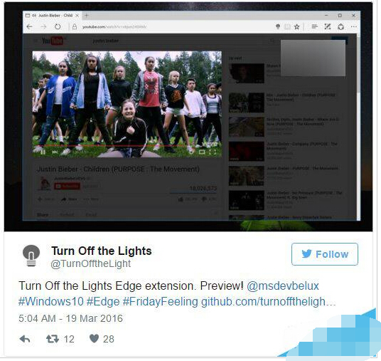 Win10紅石版Edge浏覽器新擴展：“關燈”辦事，養眼！