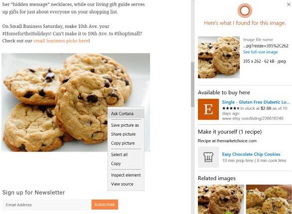 Win10 Edge浏覽器“詢問Cortana”功能擴展：可直接搜圖
