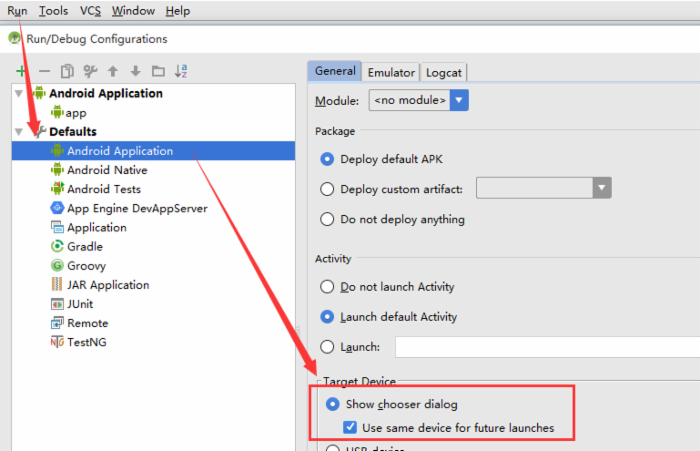 勾選 Show chooser dialog 和 Use same device for future launches 