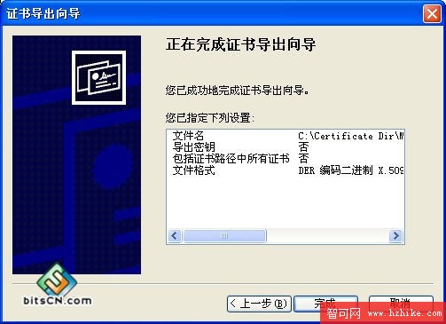 “正在完成證書導出向導”頁面顯示了指定設置