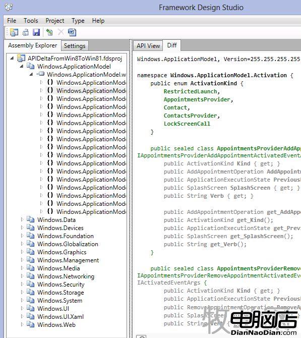 Framework Design Studio comparing Win8.1 and Win8 APIs