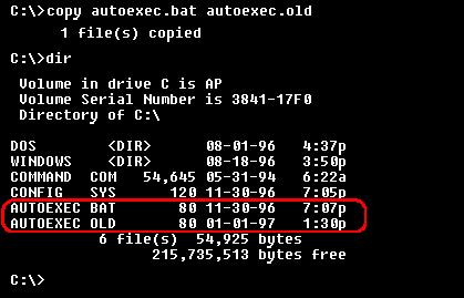 命令：copy  autoexec.bat後，dir當前目錄