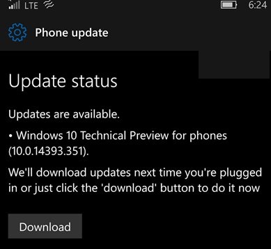 微軟推送Win10 Mobile一周年更新發布/慢速預覽版14393.351