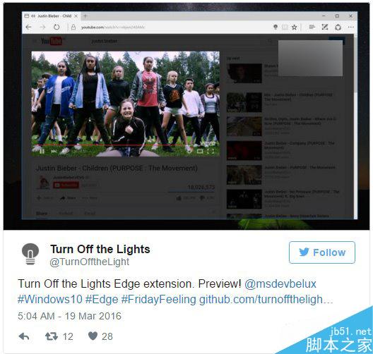 Win10紅石版Edge浏覽器新擴展：“關燈”辦事，養眼！