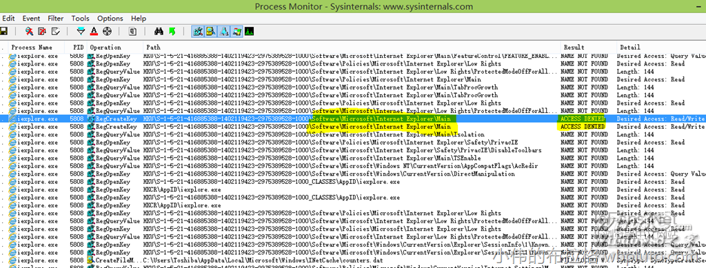 看到了一條Access Denied 的訪問記錄。正常情況下，這個注冊表項應該是可以正常讀寫的才對