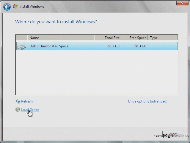 該圖形顯示了 "Install Windows"（安裝 Windows）頁面。